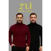 Erkek Fitilli Triko Kazak 2li Set Bordo Siyah Regular Balıkcı Yaka Tam Boğazlı Triko Seti Modeli Kazak