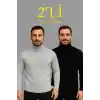 Erkek Fitilli Triko Kazak 2li Set Gri Siyah Regular Balıkcı Yaka Tam Boğazlı Triko Seti Modeli Kazak