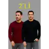 Erkek Fitilli Triko Kazak 2’li Set – Siyah & Bordo, Kalın Dokuma Pamuklu Regular Fit Bisiklet Yaka Uzun Kollu Rahat Kışlık Kazak Kombini