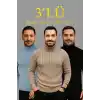 Erkek Fitilli Triko Kazak 3lÜ Set Bebek Mavisi Bej Siyah Regular Balıkcı Yaka Tam Boğazlı Triko Seti Modeli Kazak
