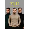 Erkek Fitilli Triko Kazak 3lÜ Set Bej Haki Siyah Regular Balıkcı Yaka Tam Boğazlı Triko Seti Modeli Kazak
