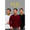 Erkek Fitilli Triko Kazak 3lü Set Beyaz Bordo Siyah Regular Fit Bisiklet Yaka Triko Seti