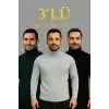 Erkek Fitilli Triko Kazak 3lÜ Set Gri Haki Siyah Regular Balıkcı Yaka Tam Boğazlı Triko Seti Modeli Kazak