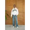 Erkek Kapüşonlu 3 İplik Şardonlu Önü Baskılı Fermuarlı Oversize Sweatshirt - Beyaz