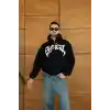 Erkek Kapüşonlu 3 İplik Şardonlu Önü Baskılı Fermuarlı Oversize Sweatshirt - Siyah