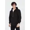 Erkek Kapüşonlu Düz Fermuarlı Hırka - Siyah