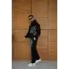 Erkek Kapüşonlu Eşofman Takım Graffiti Baskılı Oversize Rahat Kalıp, Kanguru Cepli, Streetwear Tarzında Premium Ürün 3 iplik Pamuklu - Siyah