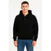Erkek Ovarsize Kapüşonlu Swetshirt Kanguru Çepli Cıtcıtlı 3 iplik Şardonlu Hoodie - Siyah