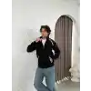 Erkek Oversize Dik Yaka Fermuarlı Sweatshirt - Zincir Nakışli Kanguru Cepli - Siyah