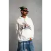 Erkek Oversize Kapüşonlu Sweatshirt – Beyaz Renk Üç İplik İçi Pamuklu Kanguru Cepli Baskılı Hoodie Rahat Kalıp Kışlık Günlük Kombinlere Uygun - Beyaz