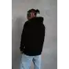 Erkek Oversize Kapüşonlu Sweatshirt – Siyah Renk Üç İplik İçi Pamuklu Kanguru Cepli Baskılı Hoodie Rahat Kalıp Kışlık Günlük Kombinlere Uygun - Siyah