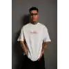 Erkek Oversize Tişört – Beyaz 24/1 Penye Kumaş, Bisiklet Yaka, Ön & Arka Baskılı, Streetwear Tarzı Rahat Büyük Kalıp T-Shirt- Beyaz