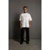 Erkek Oversize Tişört – Beyaz 24/1 Penye Kumaş, Bisiklet Yaka, Ön & Arka Baskılı, Streetwear Tarzı Rahat Büyük Kalıp T-Shirt- Beyaz
