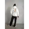 Erkek Oversize Üç İplik Şardonlu Kapüşonlu Sweatshirt – Beyaz “Other Lives” Ön ve Arka Baskılı, Kanguru Cepli, Ribanalı Rahat Kışlık Model Beyaz