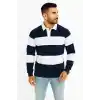Erkek Polo Yaka Uzun Kollu Çizgili Sweatshirt Trend Rugby Stil - Lacivert