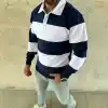Erkek Polo Yaka Uzun Kollu Çizgili Sweatshirt Trend Rugby Stil - Lacivert