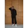 Erkek Premium Parçalı Eşofman Takım - Dik Yaka Fermuarlı Biyeli Sweatshirt Lastik Paça Alt, Oversize 3 iplik Şardonlu - Siyah