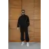 Erkek Premium Parçalı Eşofman Takım - Dik Yaka Fermuarlı Biyeli Sweatshirt Lastik Paça Alt, Oversize 3 iplik Şardonlu - Siyah