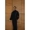 Erkek Premium Parçalı Eşofman Takım - Dik Yaka Fermuarlı Biyeli Sweatshirt Lastik Paça Alt, Oversize 3 iplik Şardonlu - Siyah