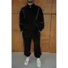 Erkek Premium Parçalı Eşofman Takım - Dik Yaka Fermuarlı Biyeli Sweatshirt Lastik Paça Alt, Oversize 3 iplik Şardonlu - Siyah