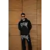 Erkek Premium Taş Baskılı Eşofman Takım Revenge Model (Siyah) Kapüşonlu Üst + Taşlı Baskılı Alt Modern Streetwear Tarzı Oversize Rahat Kalıp 3 iplik Pamuklu - Siyah