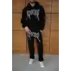 Erkek Premium Taş Baskılı Eşofman Takım Revenge Model (Siyah) Kapüşonlu Üst + Taşlı Baskılı Alt Modern Streetwear Tarzı Oversize Rahat Kalıp 3 iplik Pamuklu - Siyah