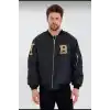 Erkek Siyah Bomber Kolej Mont – B Harfi ve Kemik Baskılı, Su İtici Kumaş, Kapitone Astarlı Fermuarlı Ceket - Siyah