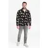 Erkek Tam Fermuarlı Desenli Polar Sweat – Siyah Multicolor Figür Desen Yakalı, Uzun Kollu, Oversize Rahat Kalıp- Siyah