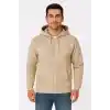Erkek Üç İplik Kapüşonlu Tam Fermuarlı Kanguru Çepli SweatShirt Hoodie - Bej