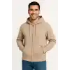 Erkek Üç İplik Kapüşonlu Tam Fermuarlı Kanguru Çepli SweatShirt Hoodie - Bej