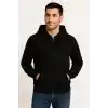 Erkek Üç İplik Kapüşonlu Tam Fermuarlı Kanguru Çepli SweatShirt Hoodie - Siyah