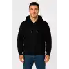 Erkek Üç İplik Kapüşonlu Tam Fermuarlı Kanguru Çepli SweatShirt Hoodie - Siyah