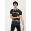 Erkek Yakalı Slim Fit Baskılı T-Shirt - Siyah