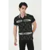 Erkek Yakalı Slim Fit Baskılı T-Shirt - Siyah