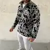 Erkek Yarım Fermuarlı Desenli Polar Sweat Yakalı, Uzun Kollu, Oversize Rahat Kalıp - Siyah