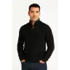 Erkek Yarım Fermuarlı Triko Kazak – Selanik Örgü, Dik Yaka, Pamuklu Dokuma, Regular Fit Uzun Kollu Kışlık Model - Siyah