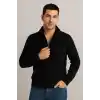 Erkek Yarım Fermuarlı Triko Kazak – Selanik Örgü, Dik Yaka, Pamuklu Dokuma, Regular Fit Uzun Kollu Kışlık Model - Siyah
