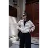 Fermuarlı Gömlek Yaka Bomber Ceket - Beyaz