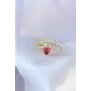 Gold Renk Kırmızı Zirkon Taş Kalp Model Pirinç Kadın Yüzük