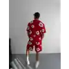 İki İplik Kumaş Baskılı T-shirt Şortlu Takım- Kırmızı