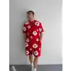 İki İplik Kumaş Baskılı T-shirt Şortlu Takım- Kırmızı