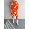 İki İplik Kumaş Baskılı T-shirt Şortlu Takım- Turuncu