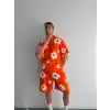 İki İplik Kumaş Baskılı T-shirt Şortlu Takım- Turuncu