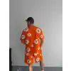 İki İplik Kumaş Baskılı T-shirt Şortlu Takım- Turuncu