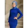 Kadın Boğazlı Uzun Fitilli Tesettüre Uygun Triko Dokuma Elbise - Saks Mavisi