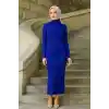 Kadın Boğazlı Uzun Fitilli Tesettüre Uygun Triko Dokuma Elbise - Saks Mavisi