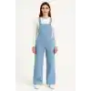 Kadın Chambray Açık Mavi Denim Görünümlü Geniş Paça Salopet Tulum - Mavi