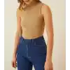 Kadın Full Likralı Fitilli Kaşkorse Body - Camel