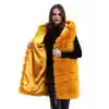 Kadın Kapşonlu Peluş Kürk Yelek Premium Kalite, Tam Astarlı, Uzun Model - Sarı