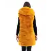 Kadın Kapşonlu Peluş Kürk Yelek Premium Kalite, Tam Astarlı, Uzun Model - Sarı